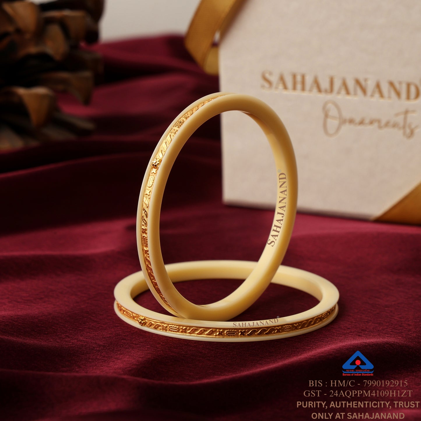"Ancient Gold Elegance: Cream Bangle Beauty " (2 Pis)